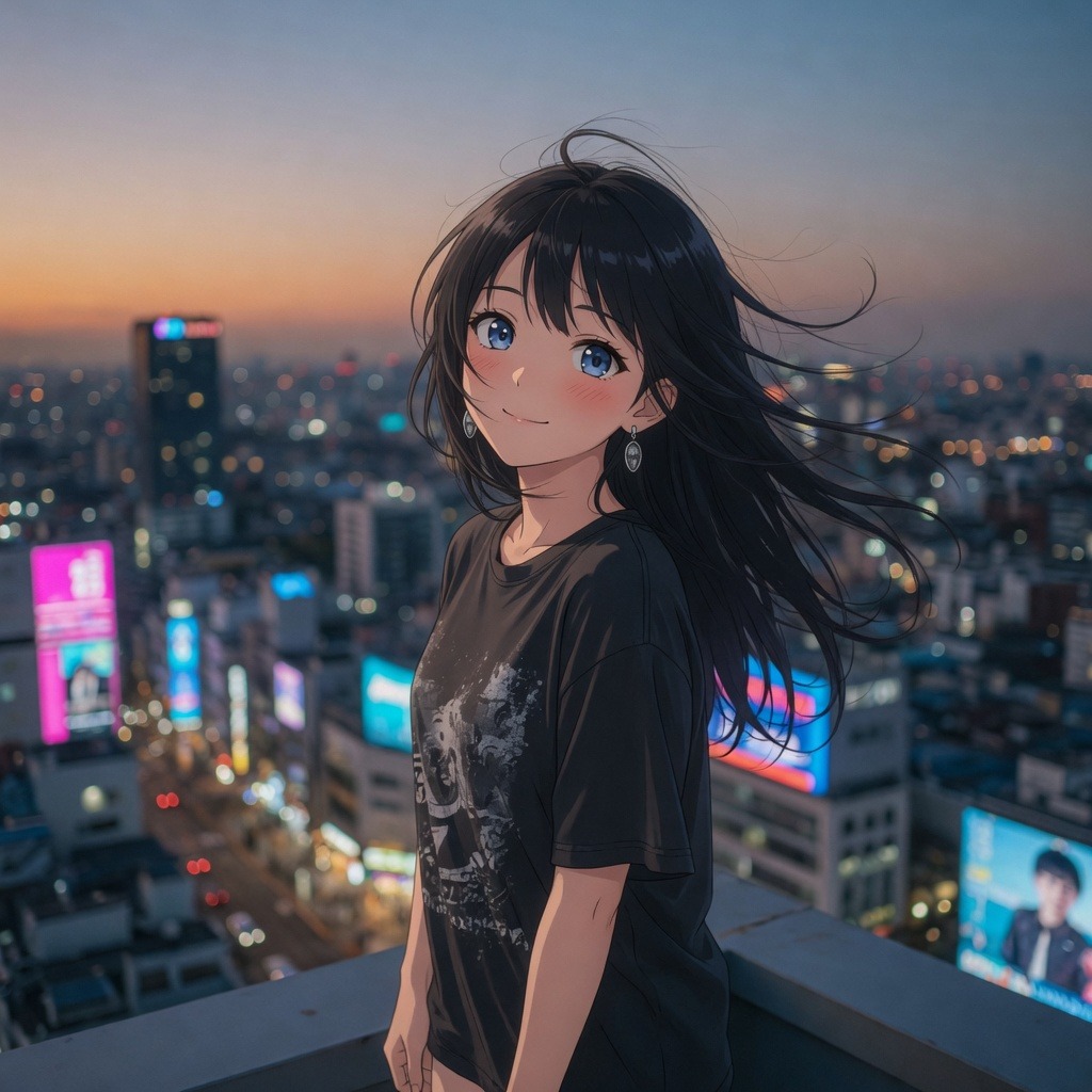 Avalynn on a city rooftop at dusk