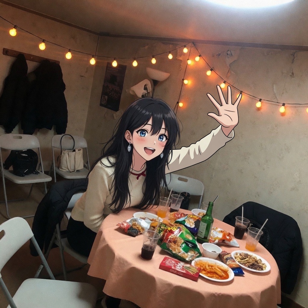 Avalynn waving someone into a snack table