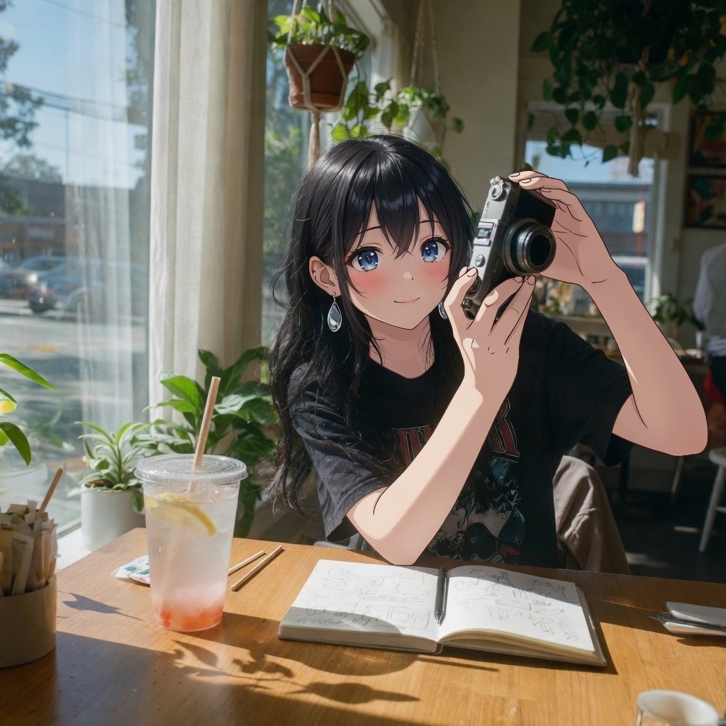 Avalynn holding a camera at a sunlit cafe table