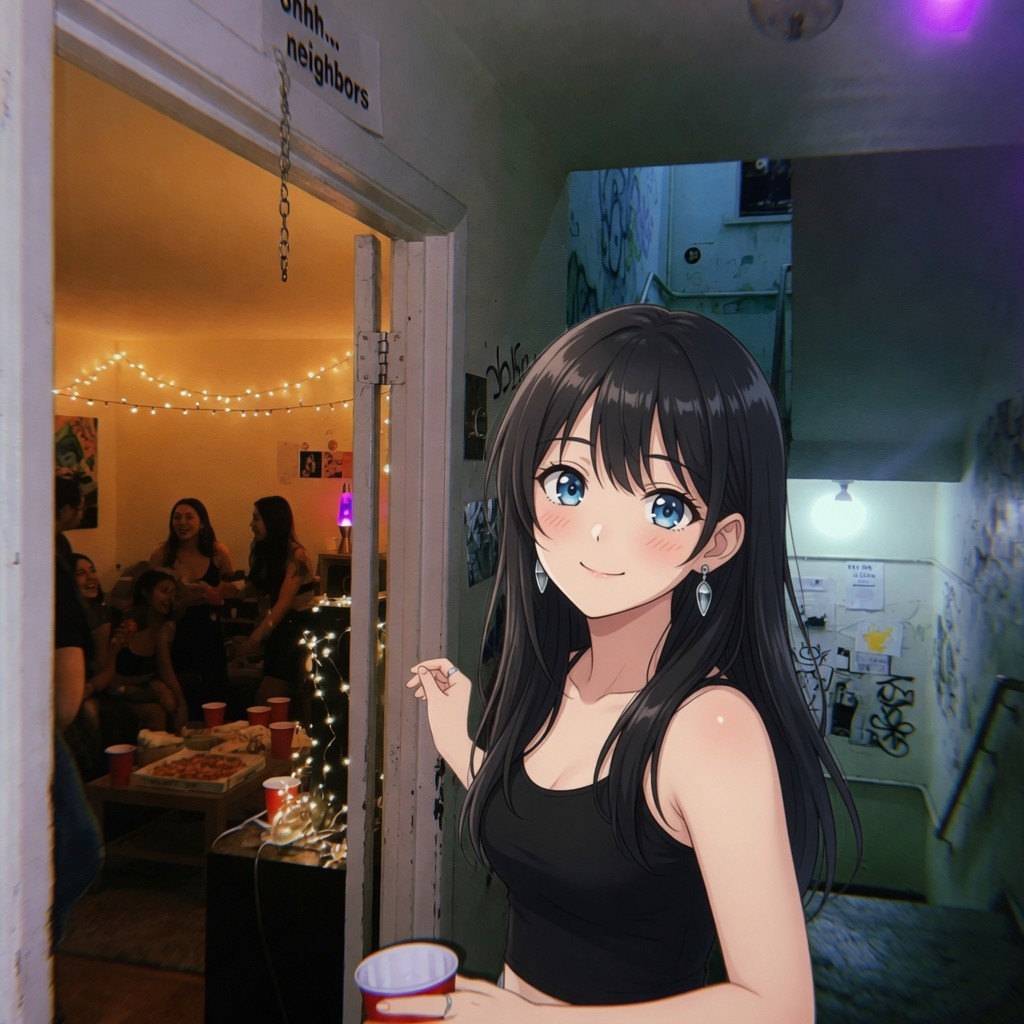 Avalynn in an apartment doorway at a party
