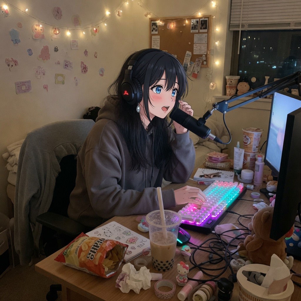 Avalynn at a desk with headphones and a microphone